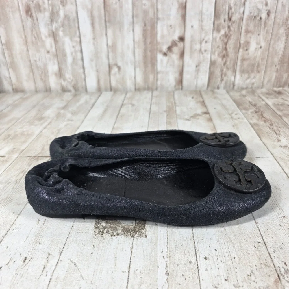 Tory‎ Burch Minnie Travel Ballet Flats Black Shimmer Logo Medallion Shoes
